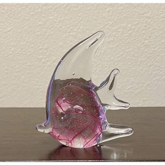 Art Glass Angel Fish Hand Blown Murano Style Paperweight Figurine Pink Swirls - Picture 6 of 8